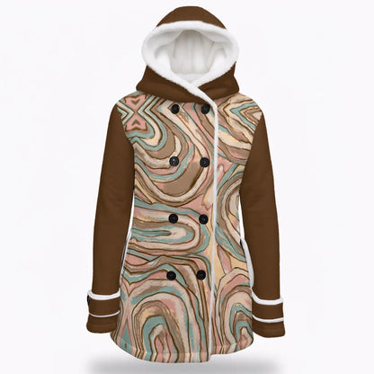 All-Over Print Women's Hooded Double-Breasted Winter Coat With Fleece